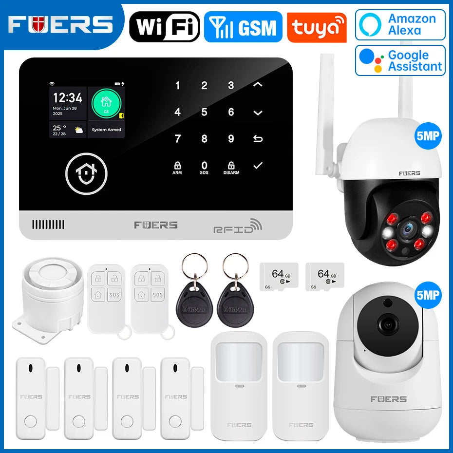 FUERS Alarm System for Home  WIFI GSM Security Alarm Host Ant-theft  with Door Motion Sensor Tuya Smart App control work Alexa