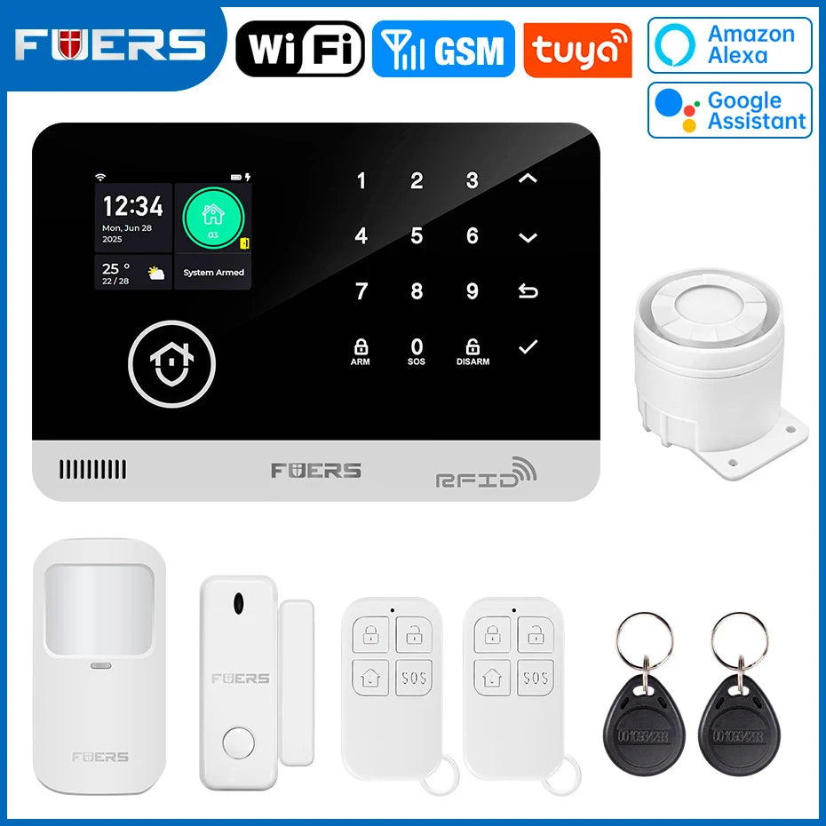 FUERS Alarm System for Home  WIFI GSM Security Alarm Host Ant-theft  with Door Motion Sensor Tuya Smart App control work Alexa