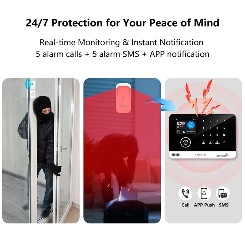 FUERS Alarm System for Home  WIFI GSM Security Alarm Host Ant-theft  with Door Motion Sensor Tuya Smart App control work Alexa